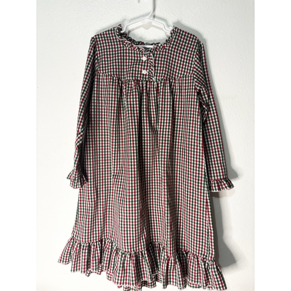Girls Plaid Long Sleeve Button Nightgown Red Green White Ruffle Hem Size 8